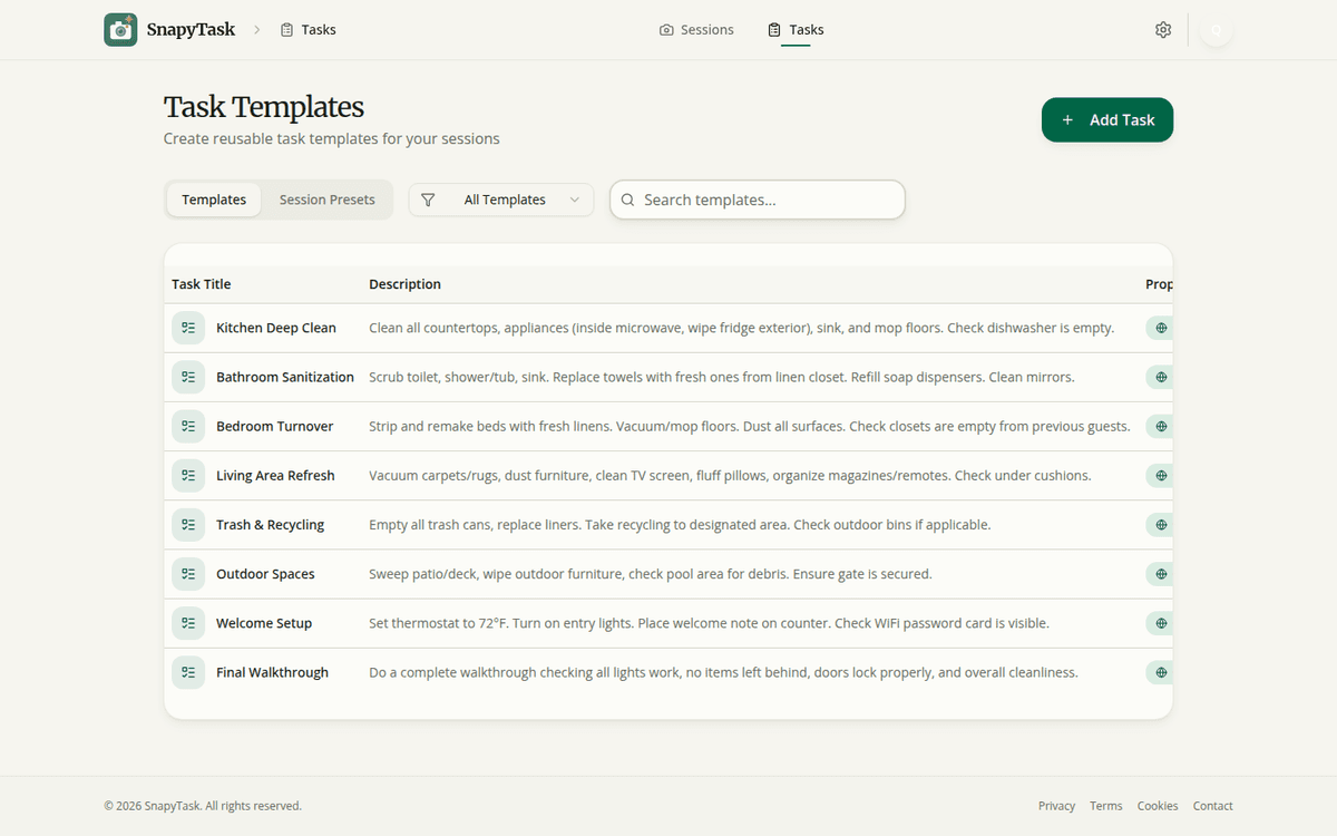 Task checklist showing cleaning tasks with photo uploads
